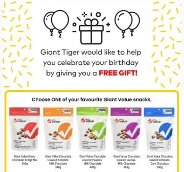 Giant Tiger FREE snack bag birthday offer and/or products