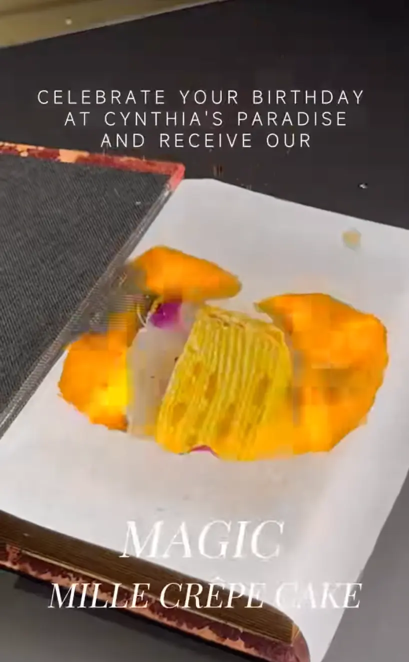 Cynthia Paradise FREE mango mille crêpe cake slice birthday offer and/or products