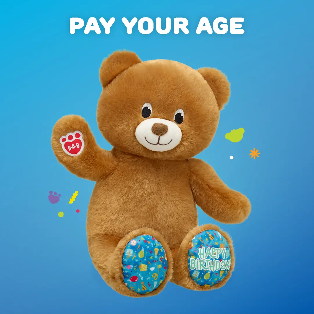 Build-A-Bear DISCOUNT Pay-Your-Age teddy bear birthday offer and/or products