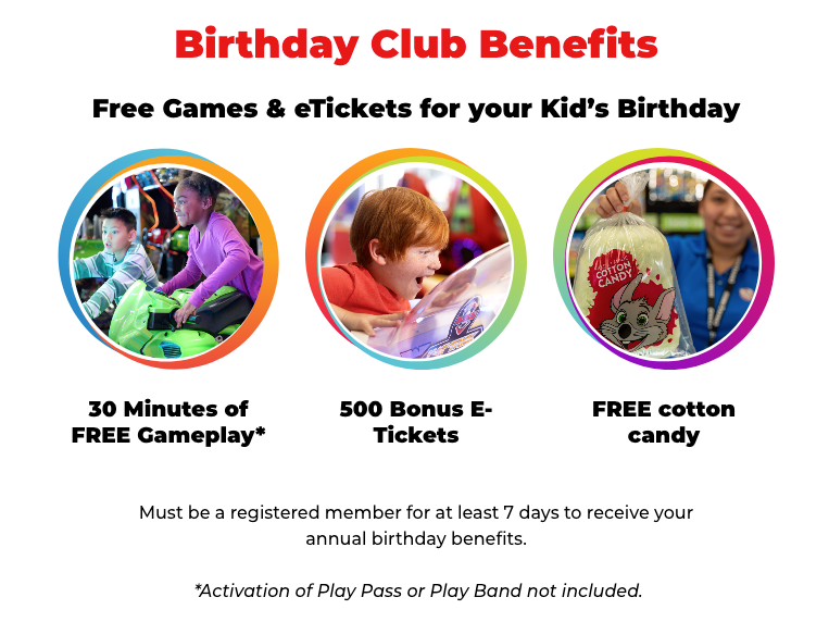 Chuck E. Cheese FREE gameplay and cotton candy (plus half-birthday bonus) birthday offer and/or products